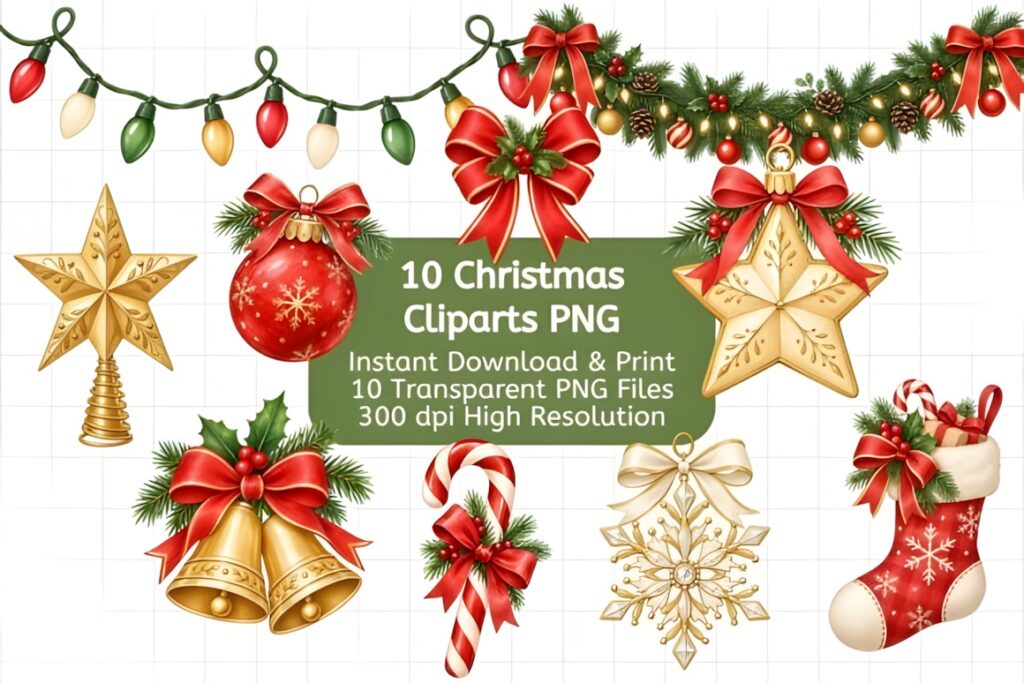 Christmas Elements PNG bundle with star, baubles, bells, candy cane, stocking, and garland decorations