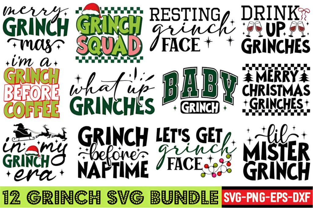 Grinch SVG for Cricut designs including phrases like Grinch Squad, Merry Christmas Grinches, and Lil Mister Grinch in