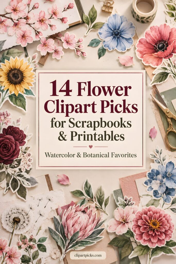 Flower clipart featuring watercolor and botanical floral designs including sunflowers, cherry blossoms, poppies, and protea