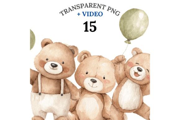 Watercolor kids clipart featuring three teddy bears in different poses with a balloon and suspenders
