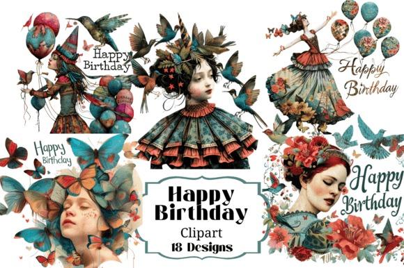 Best happy birthday clipart featuring 18 vintage-style birthday graphics with women, butterflies, birds, and balloons