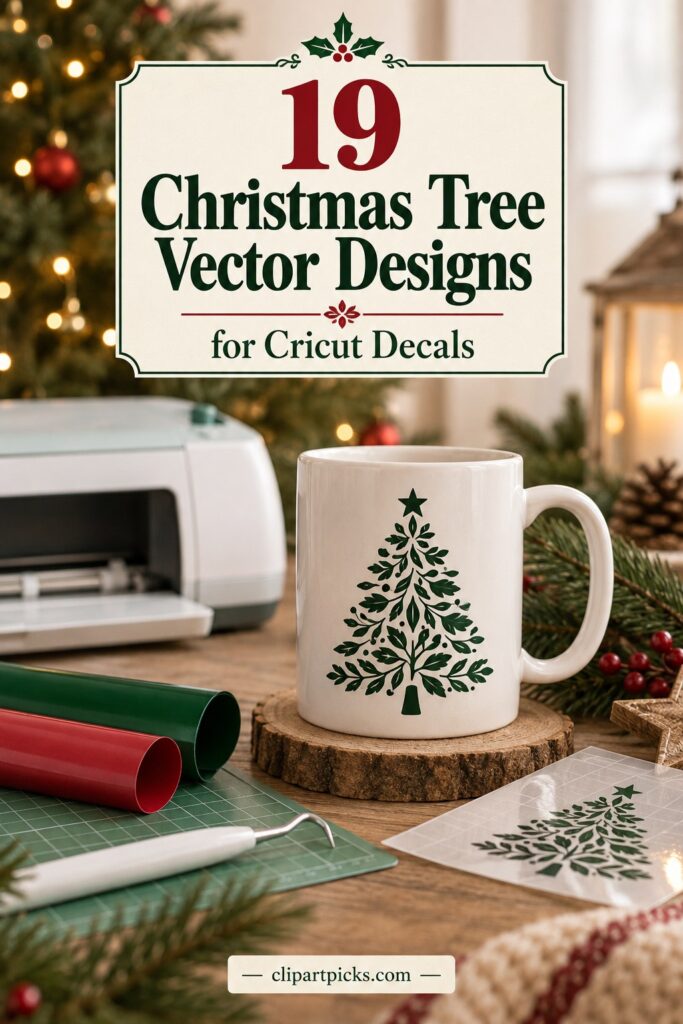 Christmas tree vector designs on a white mug with crafting tools and vinyl rolls for Cricut decals