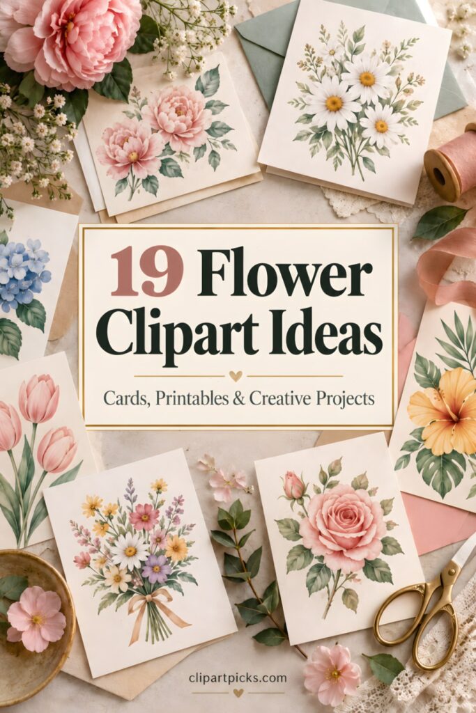 Flower clipart cards featuring roses, daisies, tulips, and other floral designs for creative projects