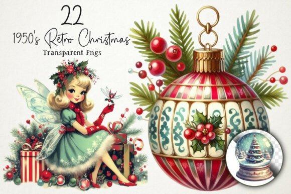 1950's Retro Christmas PNG Clipart featuring vintage fairy, classic ornaments, and holiday greenery — Christmas Clipart