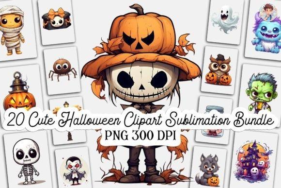 Cute Halloween clipart bundle with 20 high-resolution PNG files featuring pumpkins, skeletons, ghosts, and other seasonal