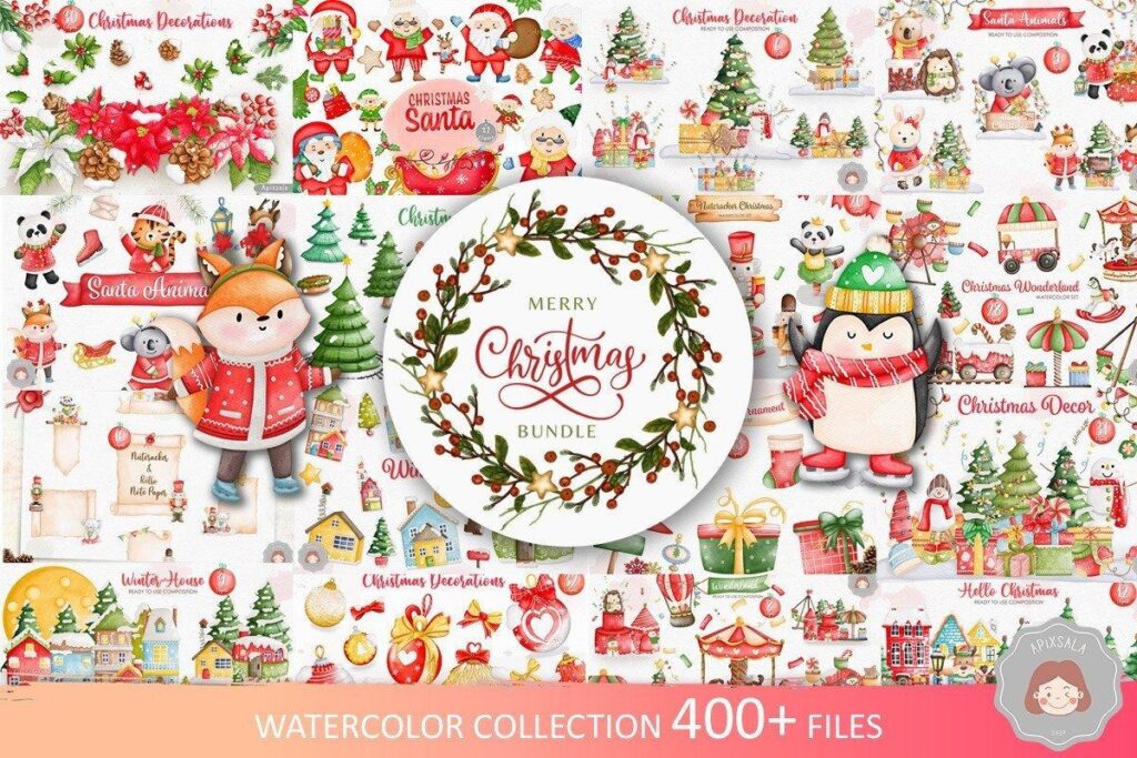 Christmas clipart bundle with watercolor gnomes, penguins, holiday decorations, and festive elements in PNG format