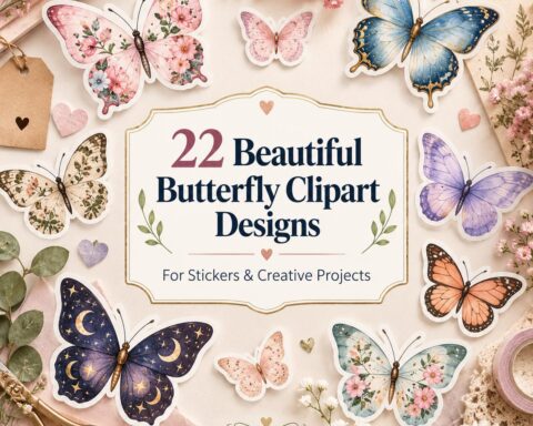 22 beautiful butterfly clipart for sticker designs arranged with flowers and craft supplies