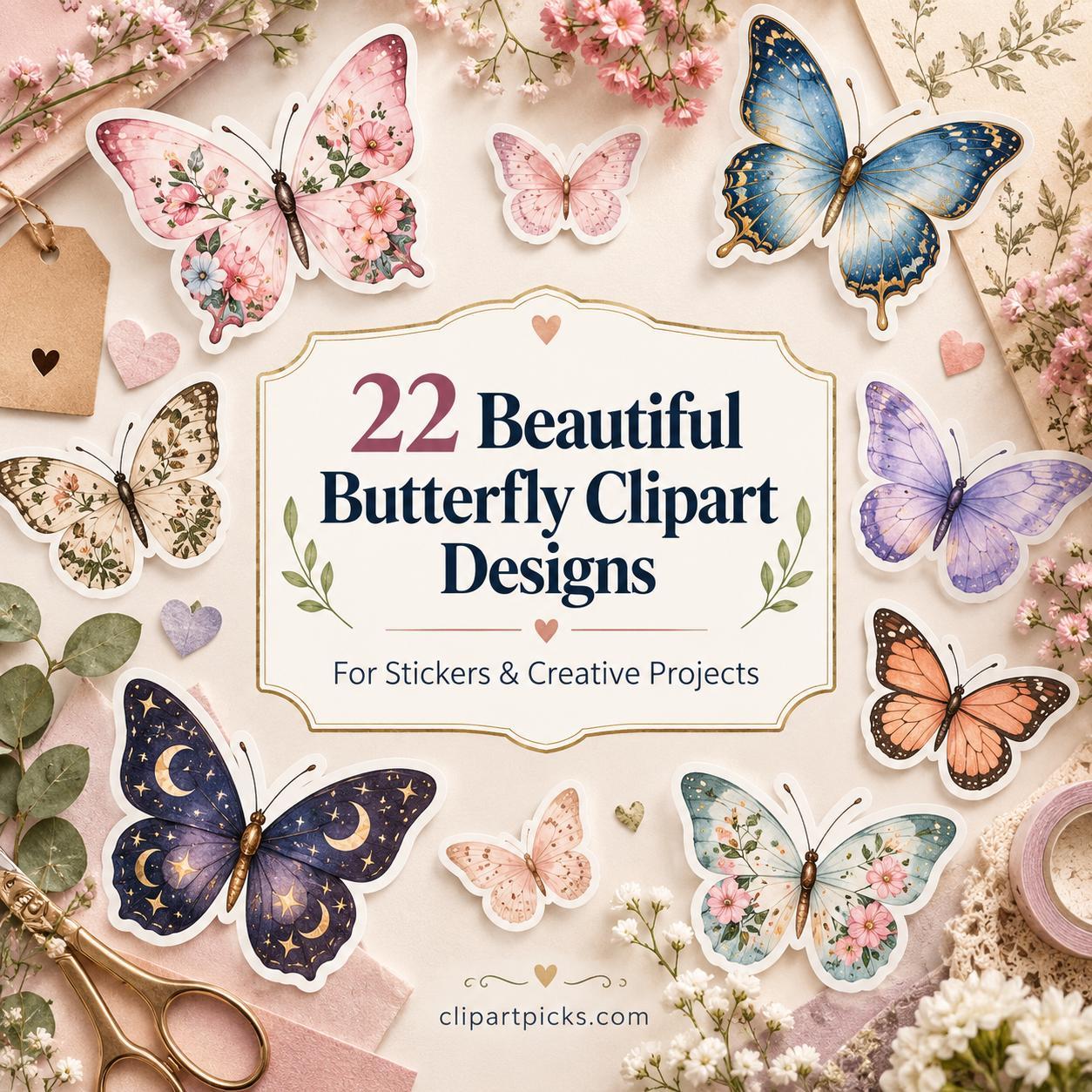 22 beautiful butterfly clipart for sticker designs arranged with flowers and craft supplies