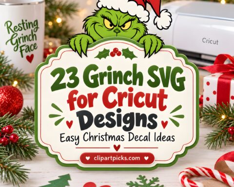 23 Grinch SVG for Cricut designs displayed with a Grinch character wearing a Santa hat and Christmas decorations