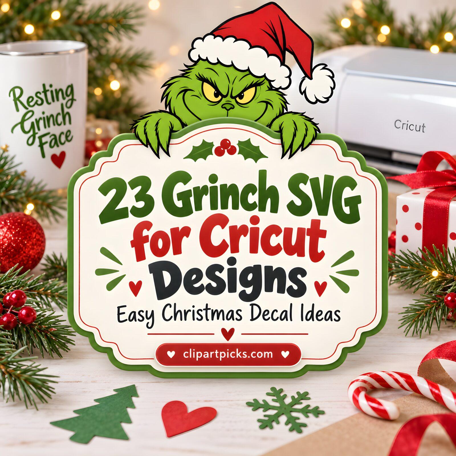 23 Grinch SVG for Cricut designs displayed with a Grinch character wearing a Santa hat and Christmas decorations