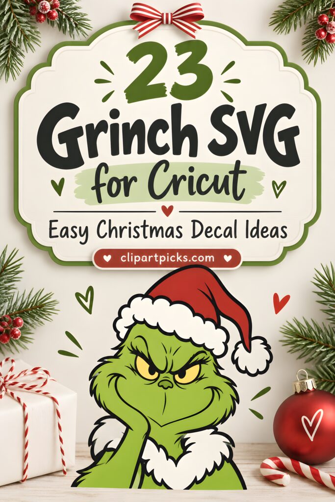 23 Grinch SVG for Cricut with Christmas decal ideas and Grinch character wearing Santa hat