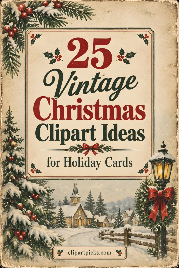 Vintage Christmas clip art design with snowy village, church, and decorated lamp post for holiday cards