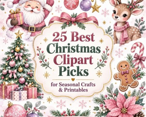 Christmas Clipart featuring Santa Claus, reindeer, decorated tree, gingerbread, ornaments, and poinsettia for seasonal crafts