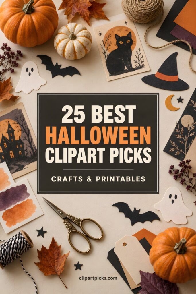 Halloween clipart featuring pumpkins, ghosts, bats, witch hats, and autumn leaves for seasonal crafts and printables