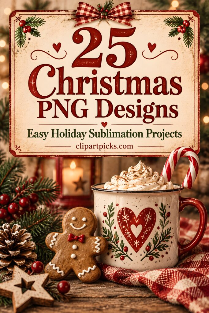 25 Creative Xmas PNG Designs for sublimation projects with festive holiday mug and gingerbread cookie