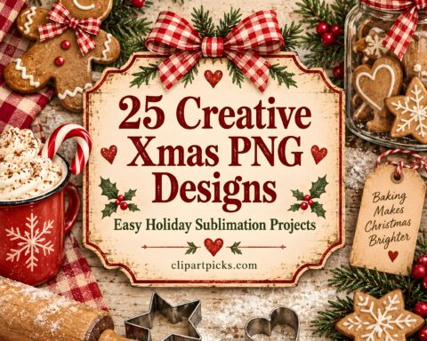 25 Creative Xmas PNG Designs sign surrounded by gingerbread cookies, rolling pin, candy cane, and holiday decorations