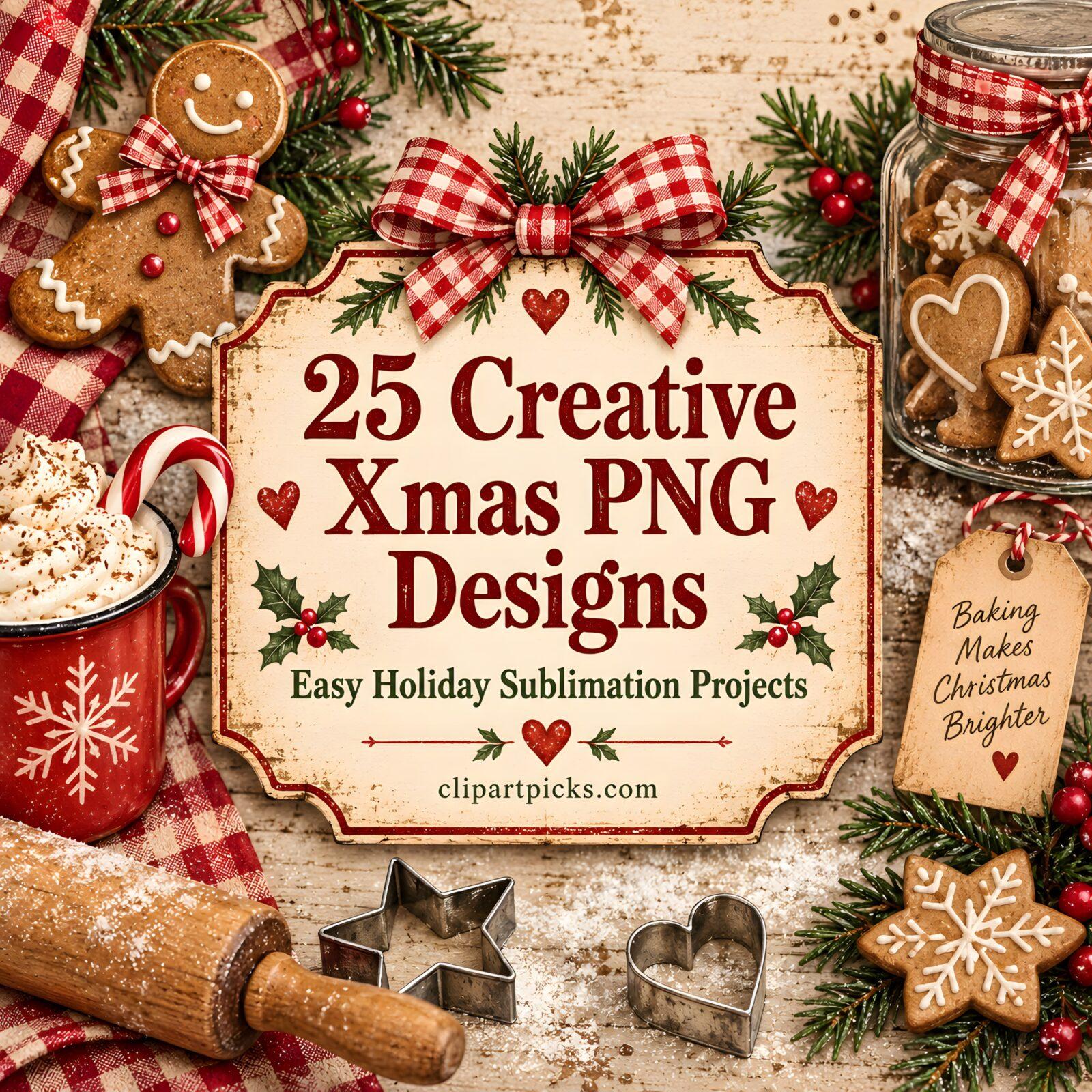 25 Creative Xmas PNG Designs sign surrounded by gingerbread cookies, rolling pin, candy cane, and holiday decorations