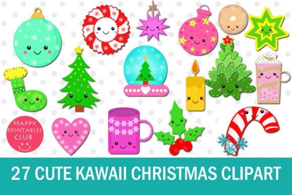 27 cute kawaii Christmas clipart characters including ornaments, trees, candy cane, candle, and festive items with smiling
