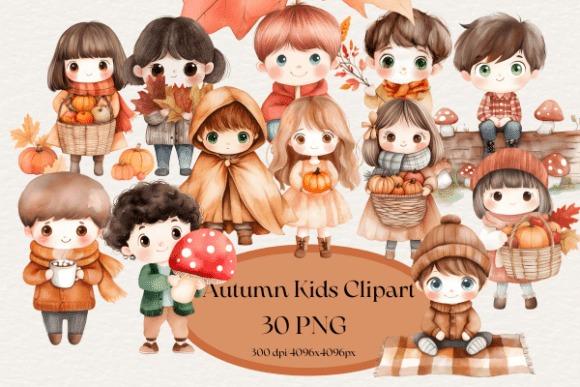 Creative kids clipart bundles featuring 30 autumn-themed children with pumpkins, leaves, and fall clothing
