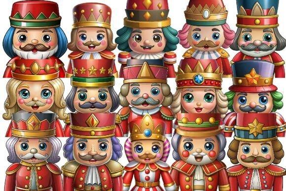 Christmas clipart for holiday cards featuring colorful nutcracker characters in traditional attire