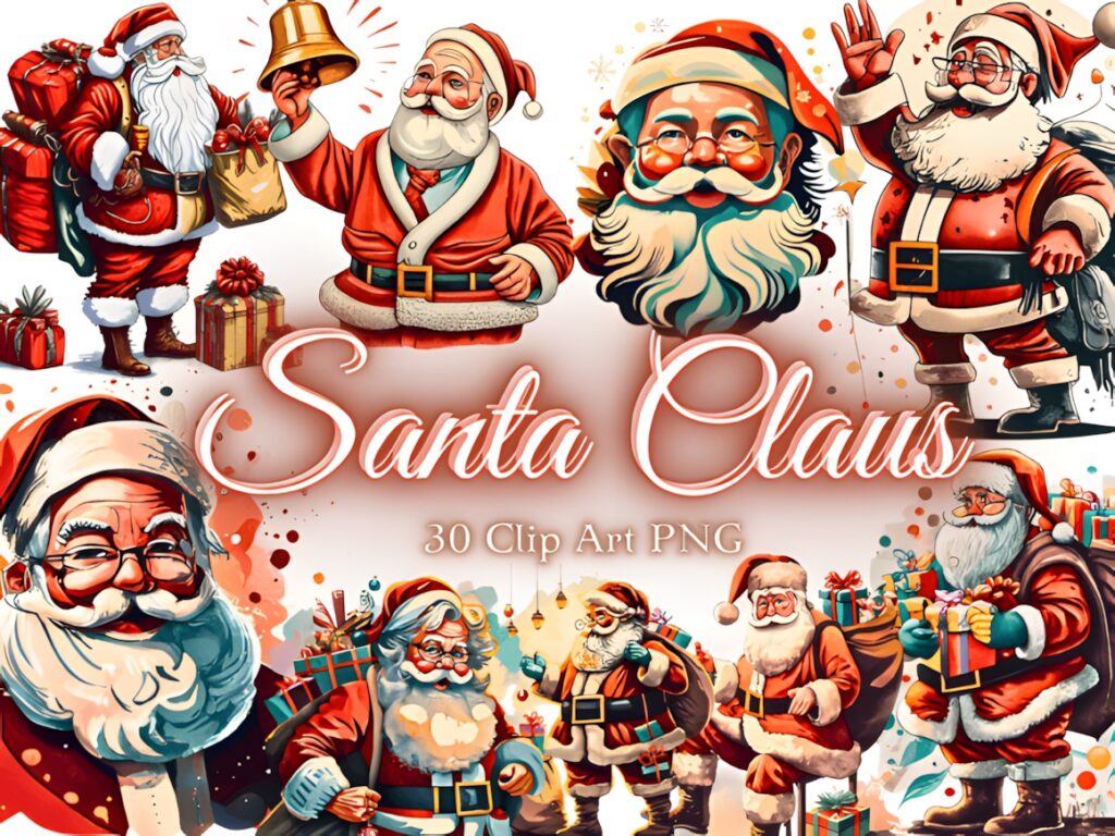 Santa Claus clipart set with 30 retro-style Santa illustrations in various poses and festive settings