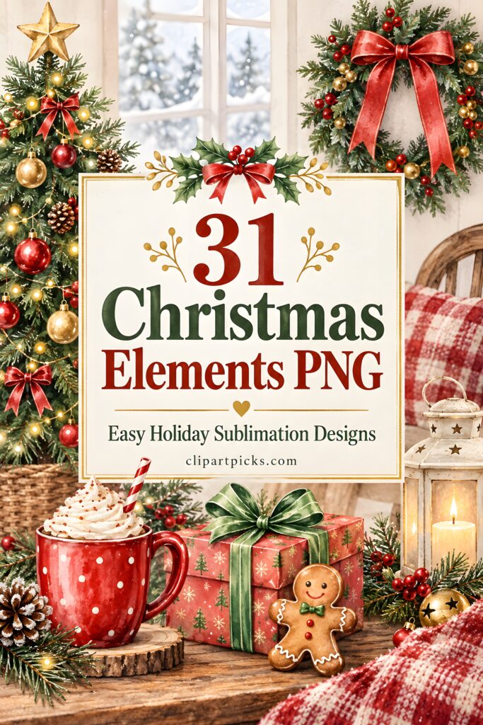 Christmas Elements PNG featuring holiday decorations, gifts, gingerbread, and cozy winter scene