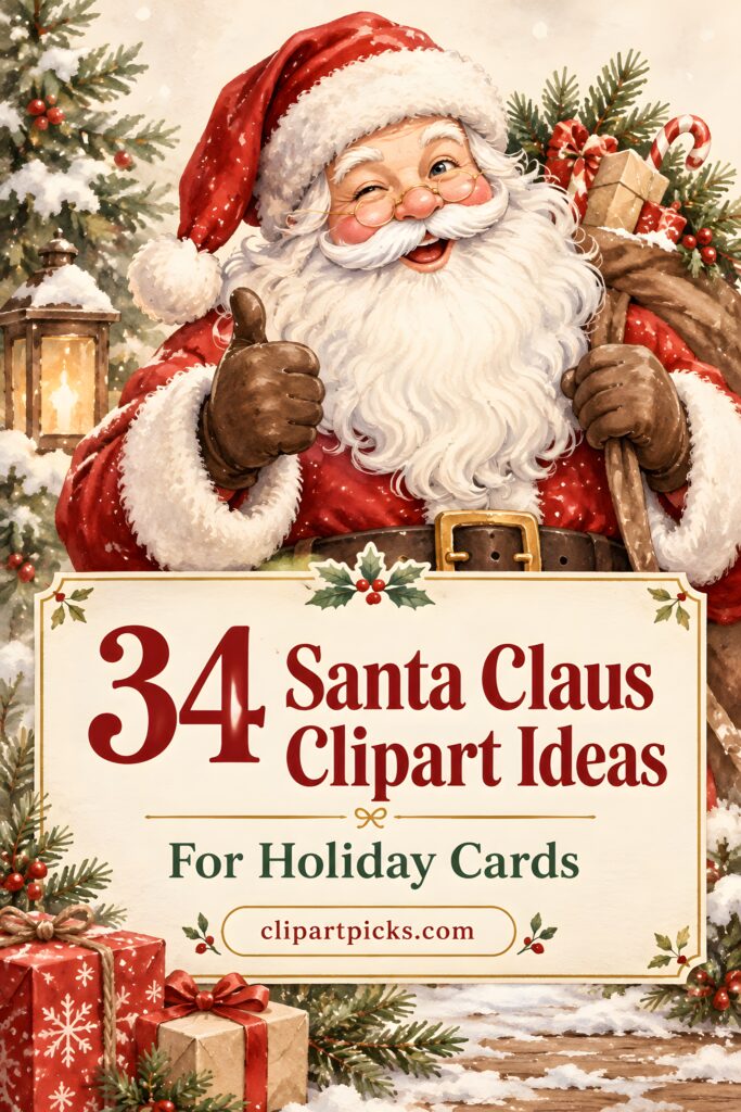 Santa Claus clipart showing a cheerful Santa with a thumbs-up, surrounded by holiday gifts and greenery