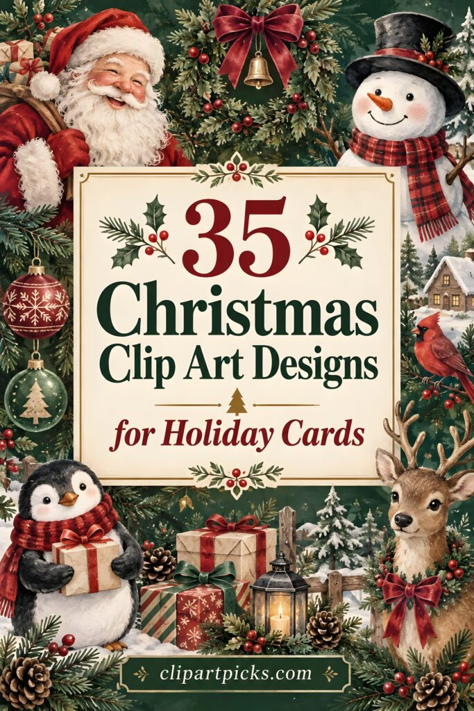 Christmas clip art featuring Santa, snowman, penguin, reindeer, and holiday decorations for cards