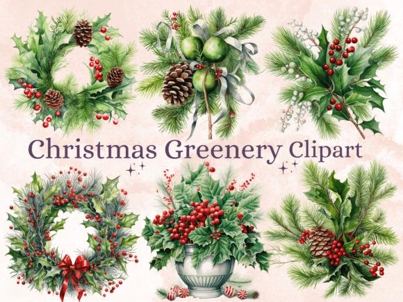 Christmas clipart featuring watercolor wreaths and arrangements with holly, berries, pinecones, eucalyptus, mistletoe, and