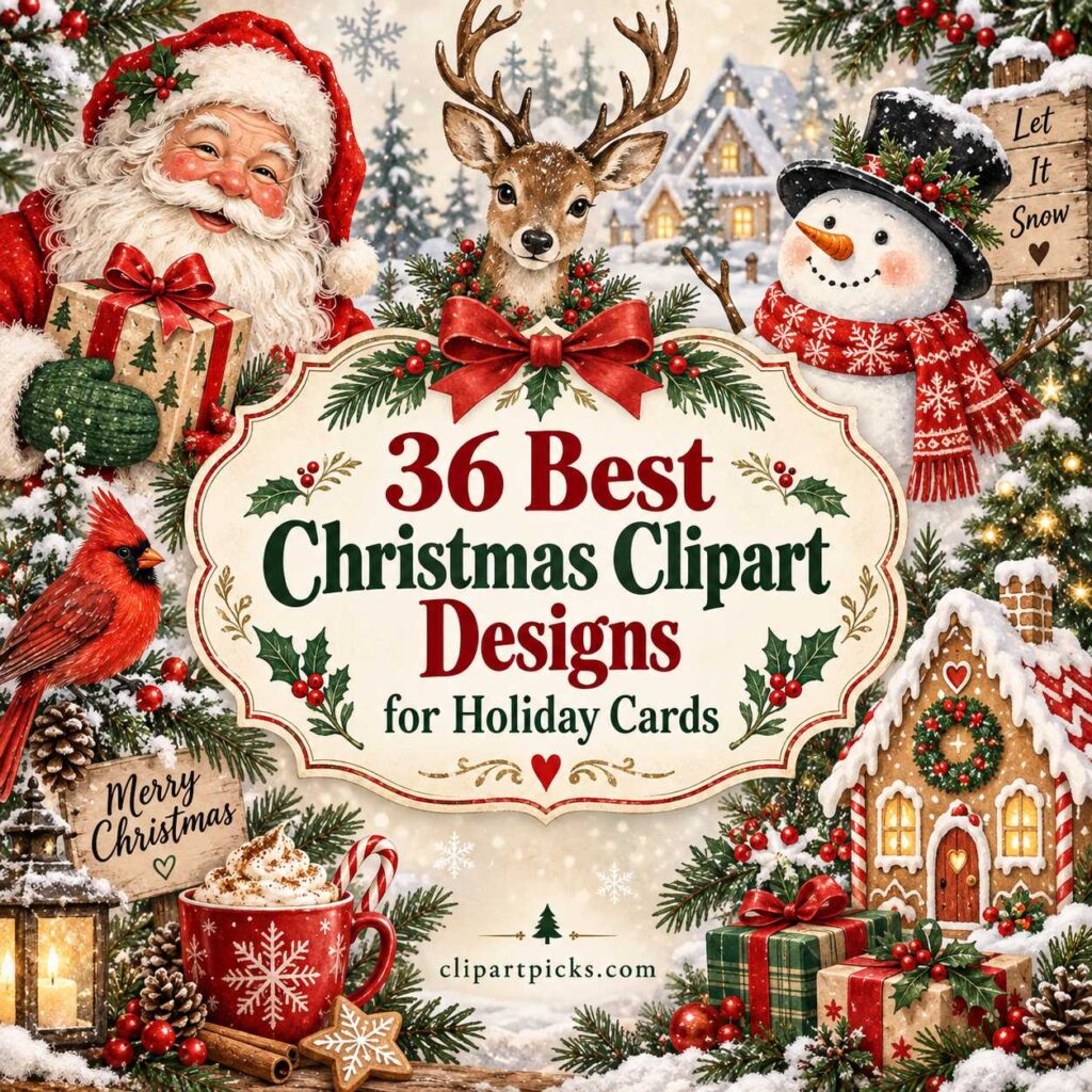 Christmas clipart for holiday cards featuring Santa, reindeer, snowman, gingerbread house, and festive decorations