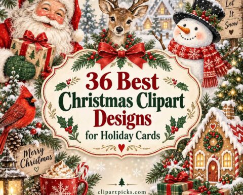 Christmas clipart for holiday cards featuring Santa, reindeer, snowman, gingerbread house, and festive decorations