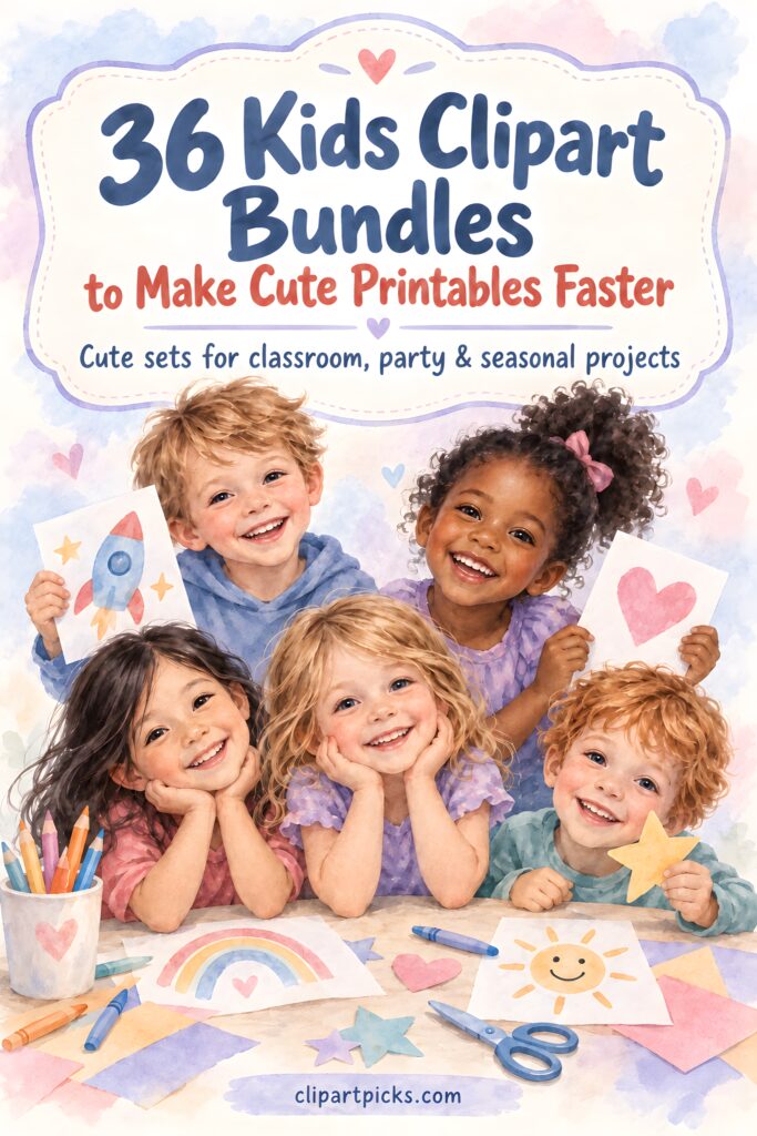 Creative kids clipart bundles for cute printable projects with children holding colorful drawings