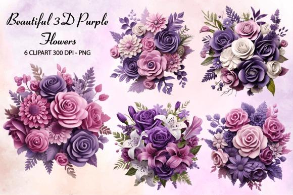 Beautiful 3D flower clipart bundle with six purple floral arrangements in PNG format