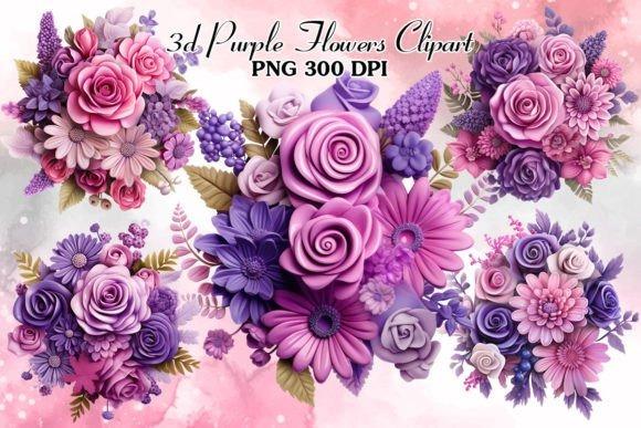 3D purple flower clipart set with roses, daisies, and other floral elements in various shades of purple and pink