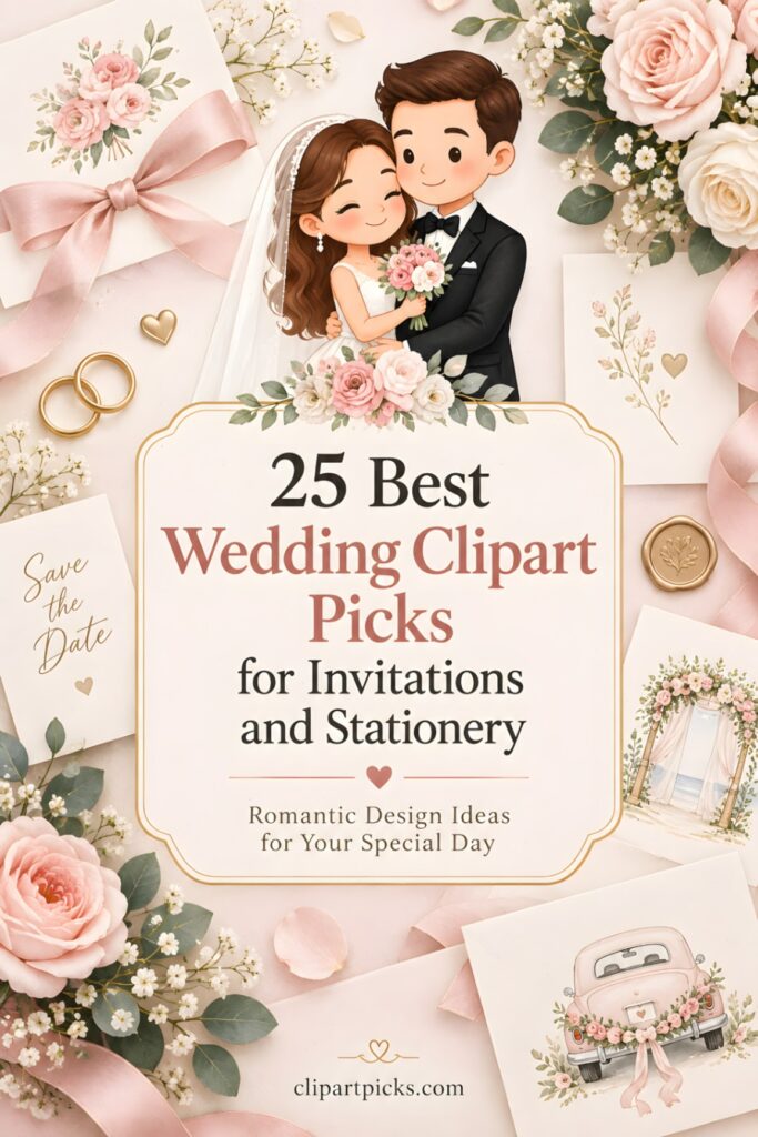Wedding clipart featuring a bride and groom illustration surrounded by floral designs, wedding rings, and stationery items