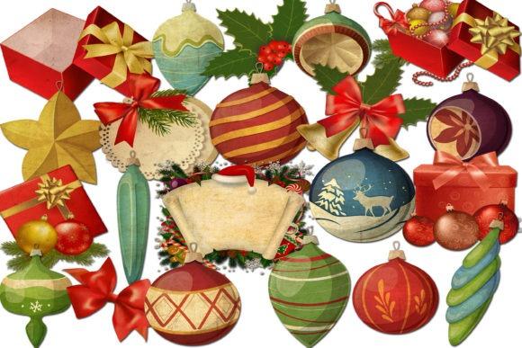 Collection of colorful Christmas clipart ornaments including baubles, stars, bows, and gift boxes with transparent