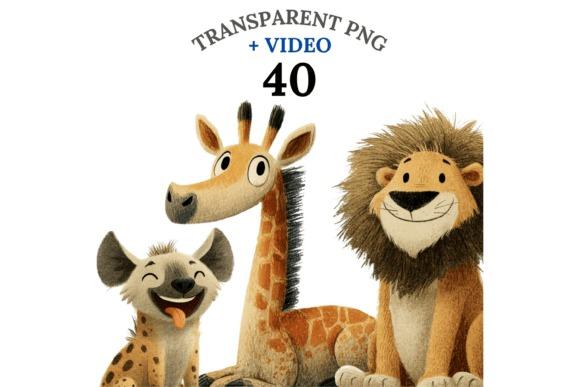 Kids clipart featuring a giraffe, lion, and hyena in a soft illustrated style for nursery and baby shower crafts