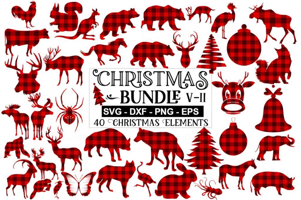 Christmas Elements PNG bundle with 40 red and black plaid holiday animal and tree graphics
