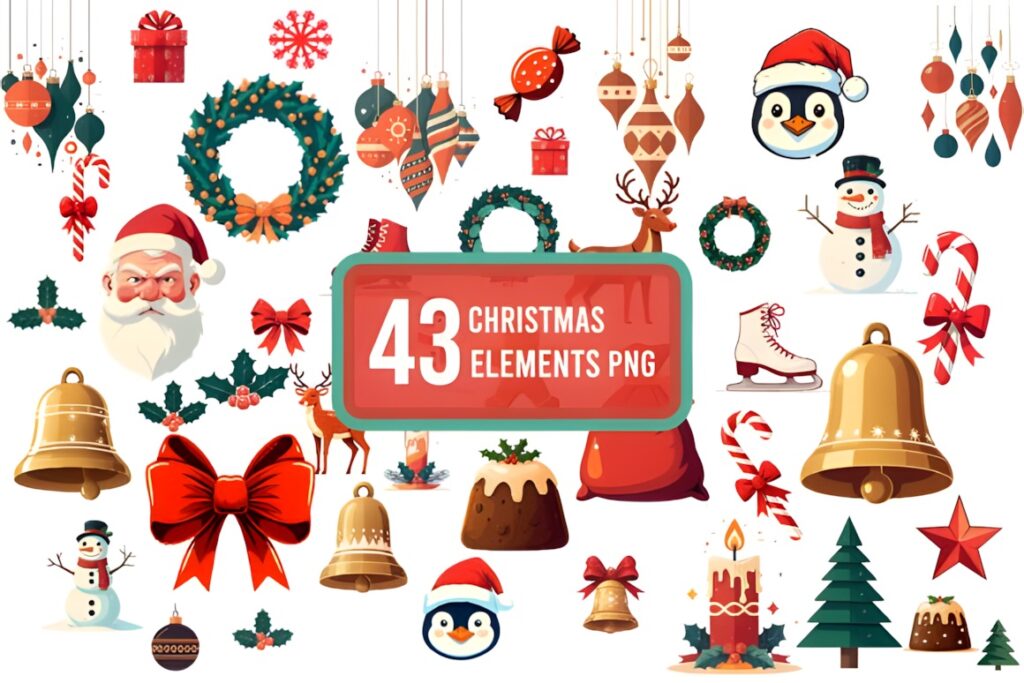 43 Christmas Elements PNG including Santa, wreaths, bells, snowmen, candy canes, gifts, and ornaments for sublimation