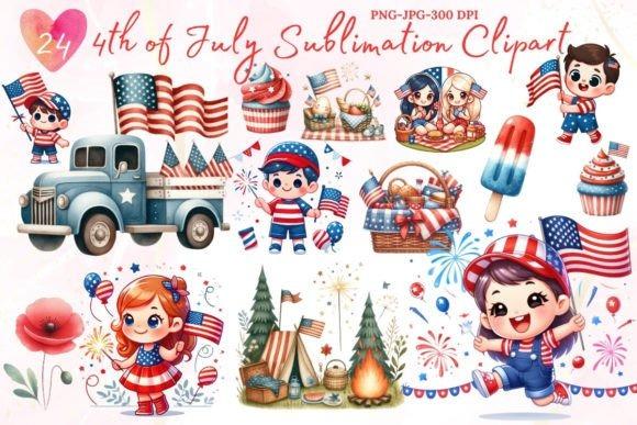 Creative kids clipart bundles featuring 4th of July sublimation designs with children, flags, fireworks, and patriotic treats