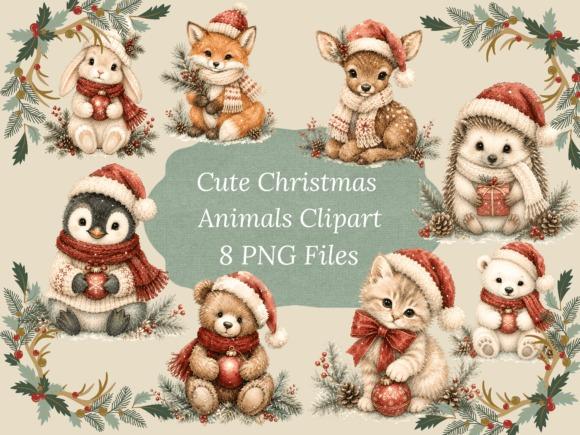 Christmas clipart featuring 8 cute animals wearing Santa hats and scarves with ornaments and gifts