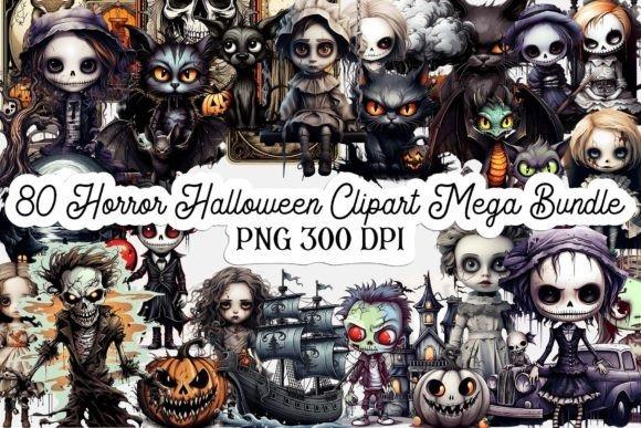 80 Horror Halloween clipart mega bundle with spooky characters and creatures in dark style