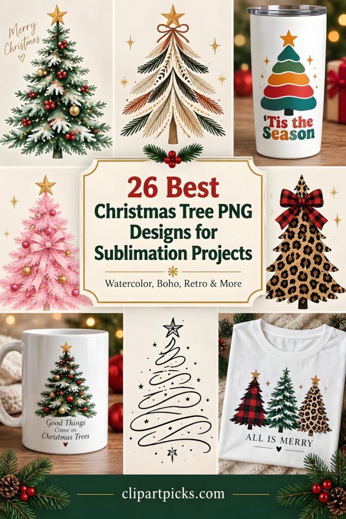 Christmas Tree PNG Designs for Sublimation featuring various styles including watercolor, retro, boho, and animal print on