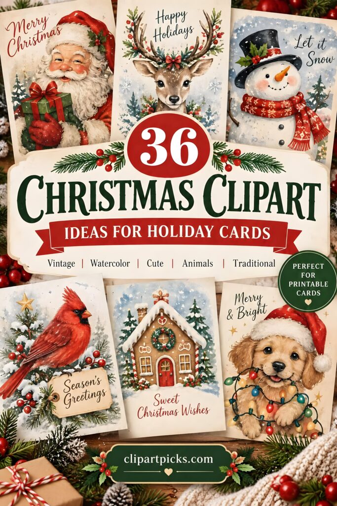 Christmas clipart for holiday cards featuring Santa, reindeer, snowman, cardinal, gingerbread house, and puppy illustrations