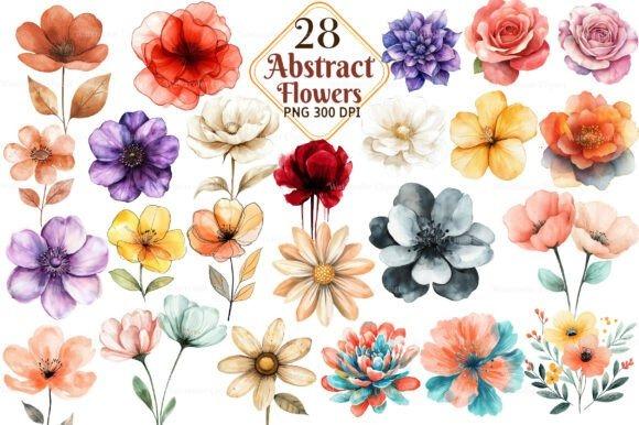 Cute flower clipart set with 28 abstract floral designs in watercolor style, transparent backgrounds