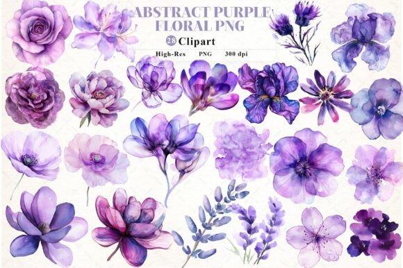 Abstract purple watercolor floral clipart set with 28 transparent PNG files for print projects — cute flower clipart