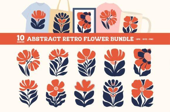 Abstract retro flower clipart with simplified shapes in orange and navy blue for modern craft projects