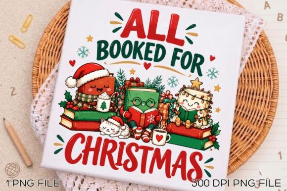 Christmas clipart featuring cute books and cats with holiday decorations and text All Booked for Christmas