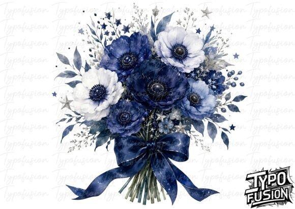 Anemone New Year Bouquet flower clipart with blue and white flowers tied with a dark blue ribbon