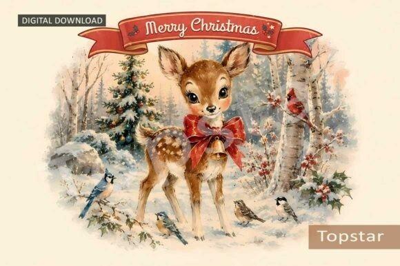 Cute Christmas clipart of a baby deer with a red bow, bell, birds, and snowy holiday scene